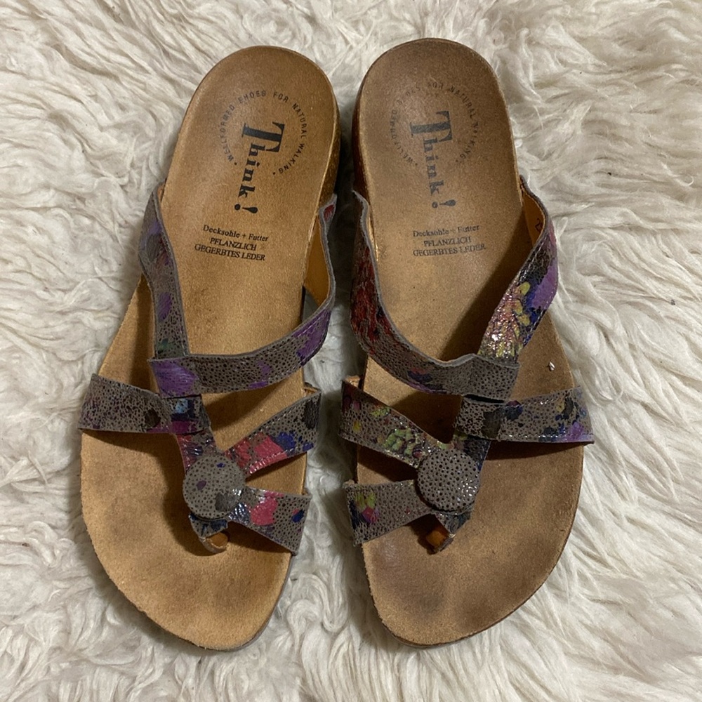 THINK! Julia Women's Leather Cork Thong Sandal Multicolor Size EUR 37 US 6